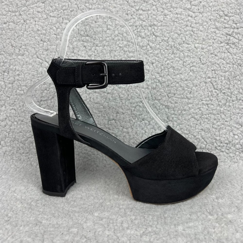 Stuart Weitzman Real Deal Sandal Heels Womens 5 Shoes Black Suede Platform Strap - Picture 3 of 12